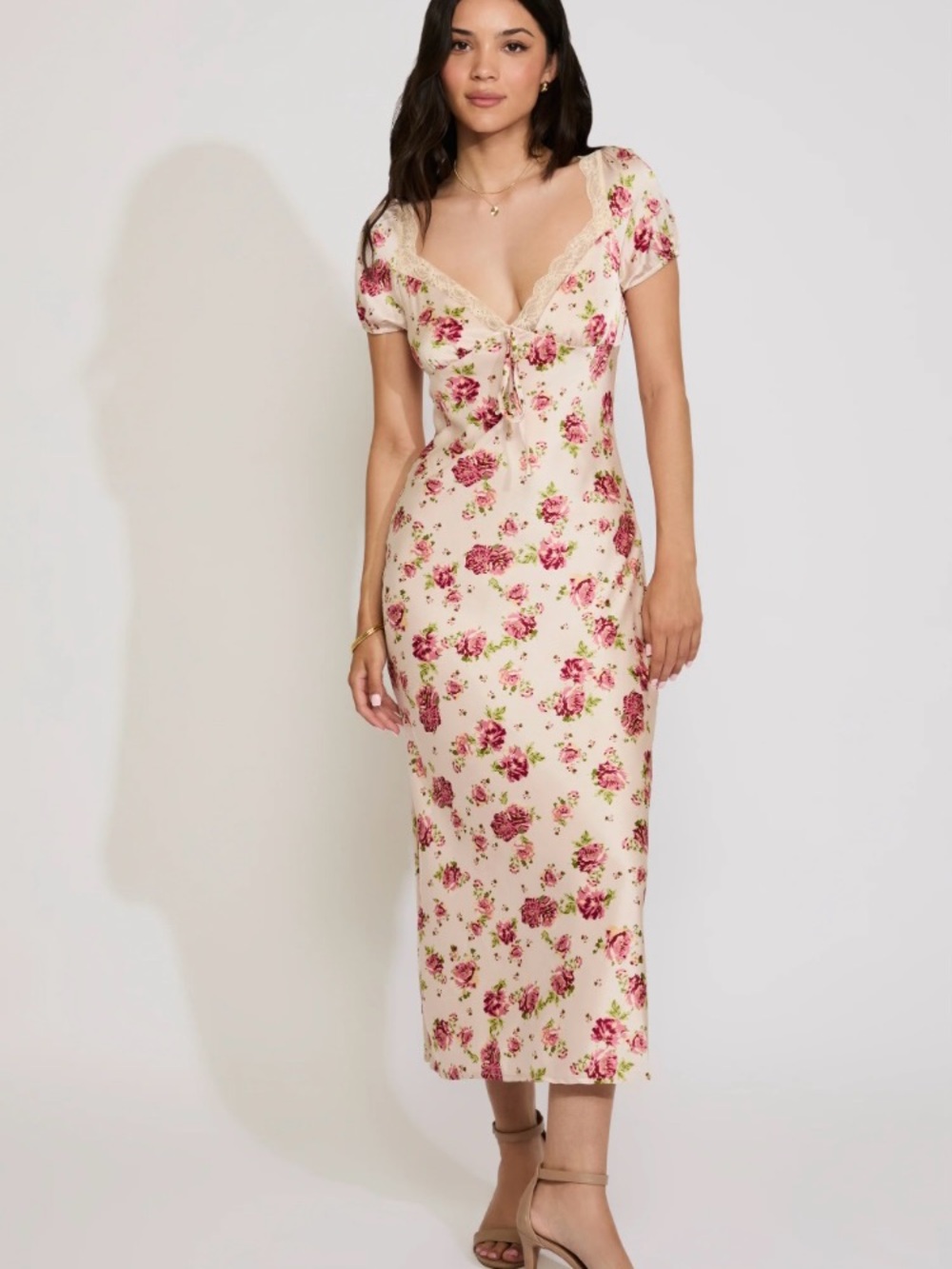 Floral Lace-Trim Midi Dress